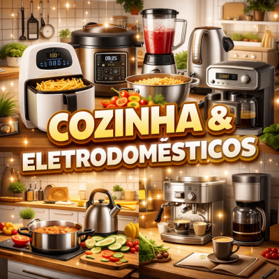 Eletrodomésticos de cozinha modernos dispostos em bancada de madeira com fundo de azulejos brancos