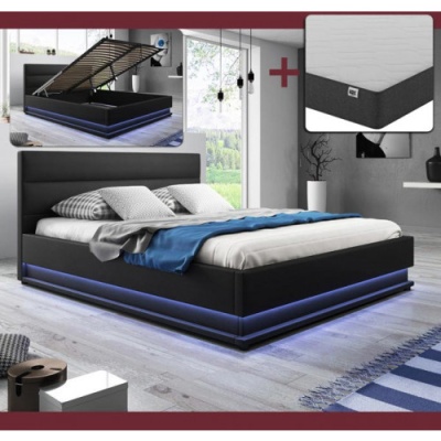 Cama de casal Omnia 150x190cm + Colchão com estrado elevatório e luz LED - Disponível em 2 Cores e 3 Medidas