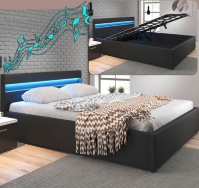 Cama de casal 150X190cm, estrado elevatório, luz LED e Colunas integradas - Disponível em 2 cores