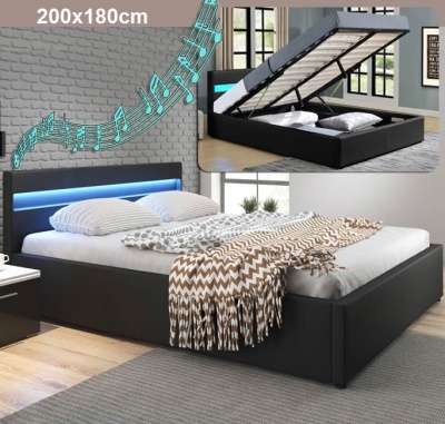 Cama de casal 200x180cm com estrado elevatório, luz LED e Colunas integradas - Disponível em 2 cores