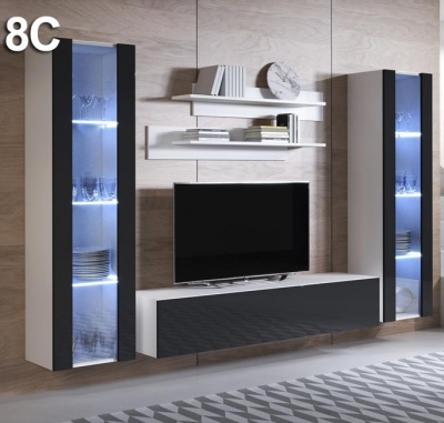 Conjunto móvel sala estar com vitrines iluminadas, consola preta e prateleiras brancas