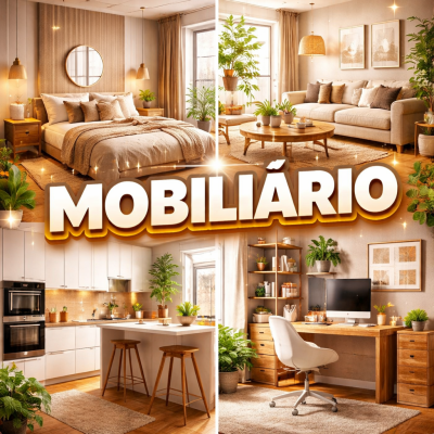 Quatro ambientes interiores com mobiliário moderno em tons neutros e plantas, ilustrando sala, quarto, cozinha e escritório.