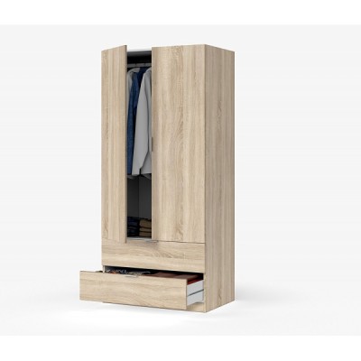 Guarda-roupa de madeira clara com portas abertas e gaveta aberta