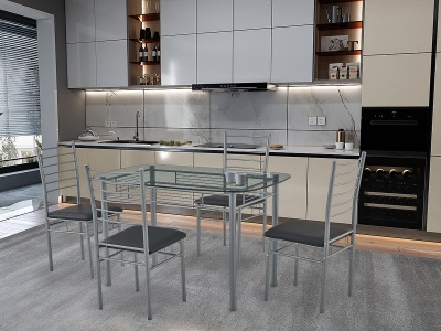 Cozinha moderna com mesa de vidro e cadeiras de metal