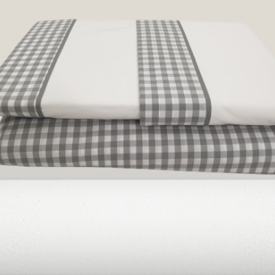 Jogo de Lençois 100% Algodão Percale 200 Fios cor Branco com vies Cinza - Vichy