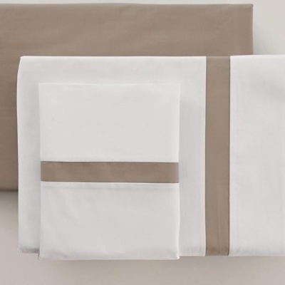 Jogo de Lençois 100% Algodão Percale 200Fios cor Branco com aplicação Bege - Ref.PT Enzo