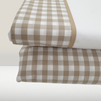 Jogo de Lençois 100% Algodão Percale 200 Fios cor Branco com vies Bege - Vichy
