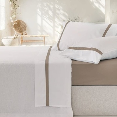 Jogo de Lençois 100% Algodão Percale 200Fios cor Branco com aplicação Bege - Ref.PT Enzo
