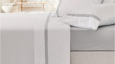 Jogo de Lençois 100% Algodão Percale 200Fios cor Branco com aplicação Cinza - Ref.PT Enzo