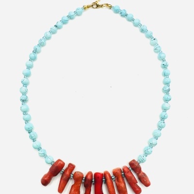 Colar Turquesa e Coral Vermelho Dourado | 38cm + 5cm | Proteção e Força Interior Colar Turquesa e Coral Vermelho Dourado | 38cm + 5cm | Proteção e Força Interior