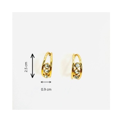 Brincos Argolas Douradas em Aço | 3 Zircónias | Brilho e Elegância