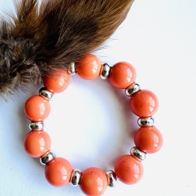 Pulseira Elástica Exclusiva Laranja Coral e Prateada - Alegria e Vitalidade