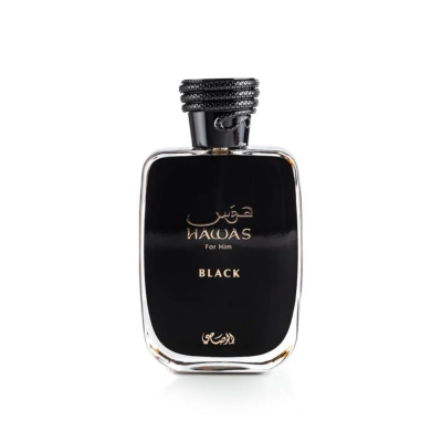 Frasco de perfume masculino HAWAAS BLACK preto com tampa preta
