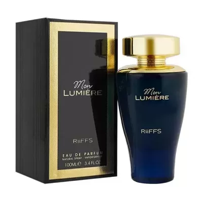 Frasco e caixa de perfume Mon Lumière Riiffs azul e dourado