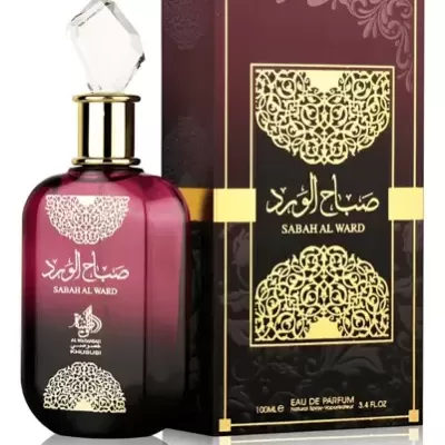 Frasco de perfume vermelho escuro com caixa preta e bordô com padrões dourados