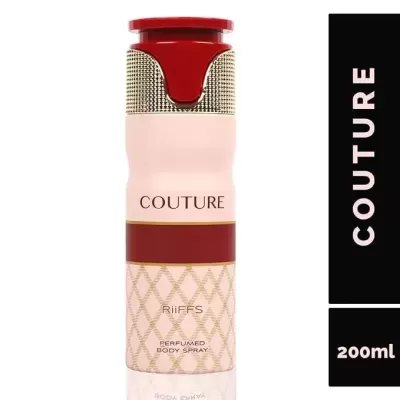 Frasco de spray corporal perfumado COUTURE de 200ml com tampa vermelha e corpo rosa claro com padrão dourado.