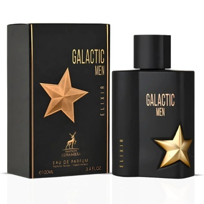 Perfume masculino Galactic Men Elixir preto com estrela dourada e caixa correspondente