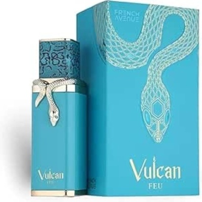 Perfume Vulcan Feu com frasco e caixa azuis e detalhes de cobra