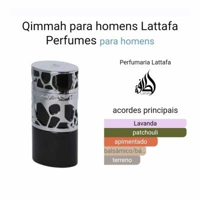 Frasco de perfume prateado e negro Qimmah da Lattafa com texto descritivo em fundo branco