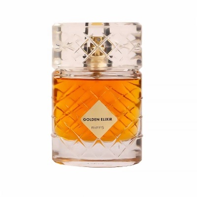 Frasco de perfume âmbar com tampa em vidro translúcido e etiqueta dourada