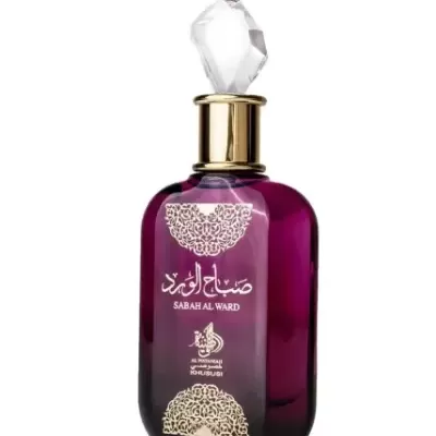 Frasco de perfume roxo escuro com tampa facetada e detalhes dourados