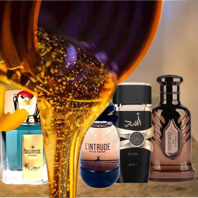 Garrafas de perfumes diversas com rótulos visíveis e líquido âmbar a escorrer