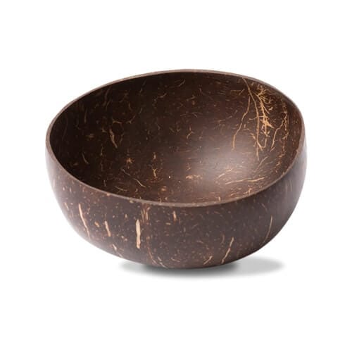 Taça de casca de coco natural com textura áspera e manchas claras.