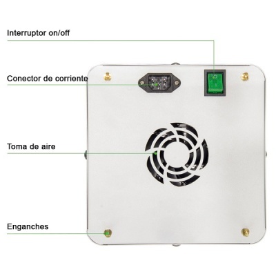 Dispositivo metálico branco com ventoinha, interruptor verde e conector preto