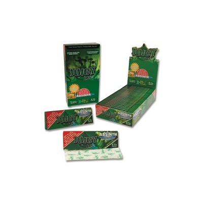Papel de enrolar Juicy Jay's sabor Absinto em embalagem verde exibida em caixa de exposição