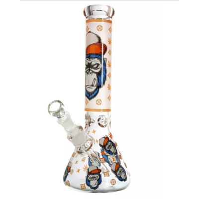 Bong de vidro com ilustrações de macacos e padrões em laranja