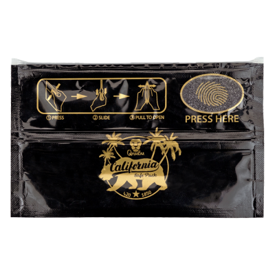 Pacote preto e dourado com instruções e logótipo Queen California Soft Pack