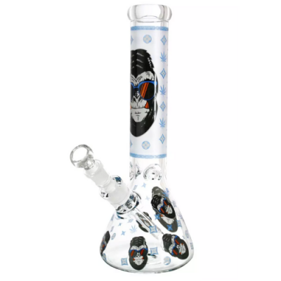 Bong de vidro transparente com decoração de crânio e símbolos azuis