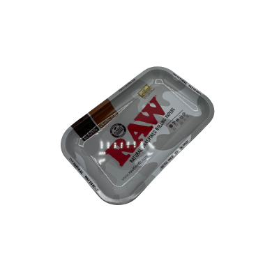 Tabuleiro metálico cinzento para enrolar tabaco RAW com texto vermelho e preto