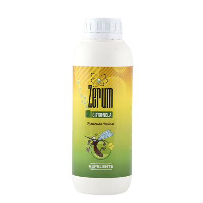 Frasco branco de repelente Zerum citronela com rótulo amarelo e verde
