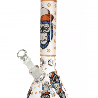Bong de vidro transparente com decoração de macacos e padrões laranja