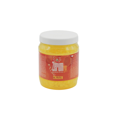 Frasco de gel amarelo com etiqueta vermelha e tampa branca