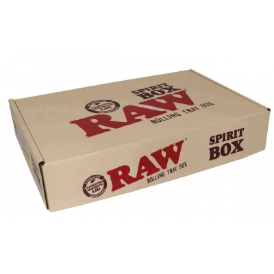 Caixa de cartão RAW Spirit Box em castanho com texto vermelho e preto