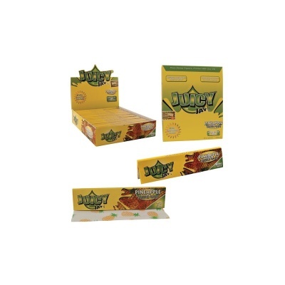Papel de fumar Juicy Jay's sabor ananás em embalagem amarela com ilustração e display com múltiplas unidades