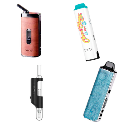 Quatro dispositivos eletrónicos variados em diferentes cores e materiais, incluindo madeira, vidro, plástico branco, azul texturizado e preto.