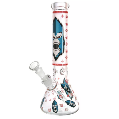 Bong de vidro transparente com estampas azuis e vermelhas, base cónica