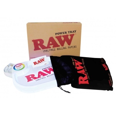 Conjunto RAW Power Tray com caixa branca, saco preto e embalagem castanha