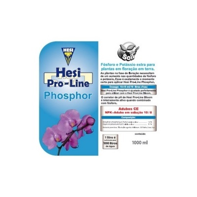 Embalagem do fertilizante Hesi Pro-Line Phosphor para plantas, com texto e imagem de orquídea roxa