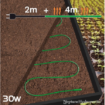 Cabo verde de aquecimento enterrado no solo ao lado de uma estufa com textos 2m + 4m, 30w, Neptune Hydroponics
