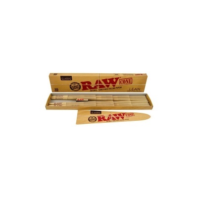 Cones de papel para enrolar RAW Classic em embalagem castanha com texto vermelho