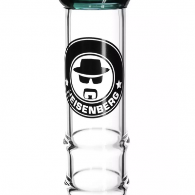 Frasco de vidro transparente com logo Heisenberg preto e branco e anel verde escuro no topo