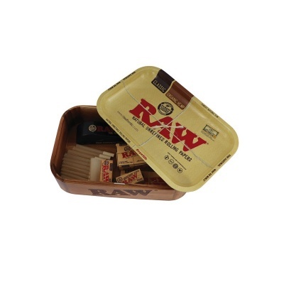Caixa metálica RAW com acessórios para enrolar cigarros