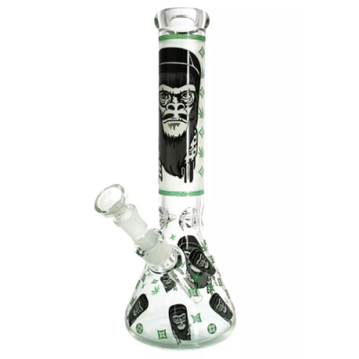 Bong de vidro transparente com estampa de rostos e folhas em preto e verde