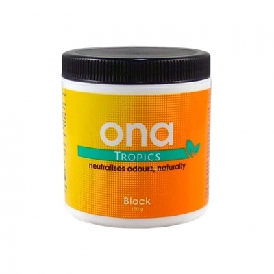 Frasco plástico branco com tampa preta e rótulo amarelo e laranja com texto 'ona Tropics'.