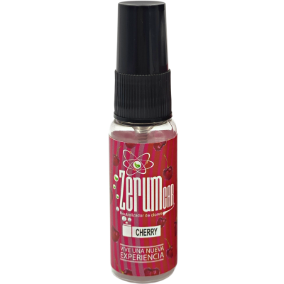 Frasco spray neutralizador de odores ZerumLab Cherry com rótulo vermelho e cerejas