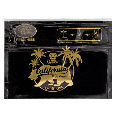 Embala preta com fecho zip, impressão dourada e ícones instructivos para abrir.